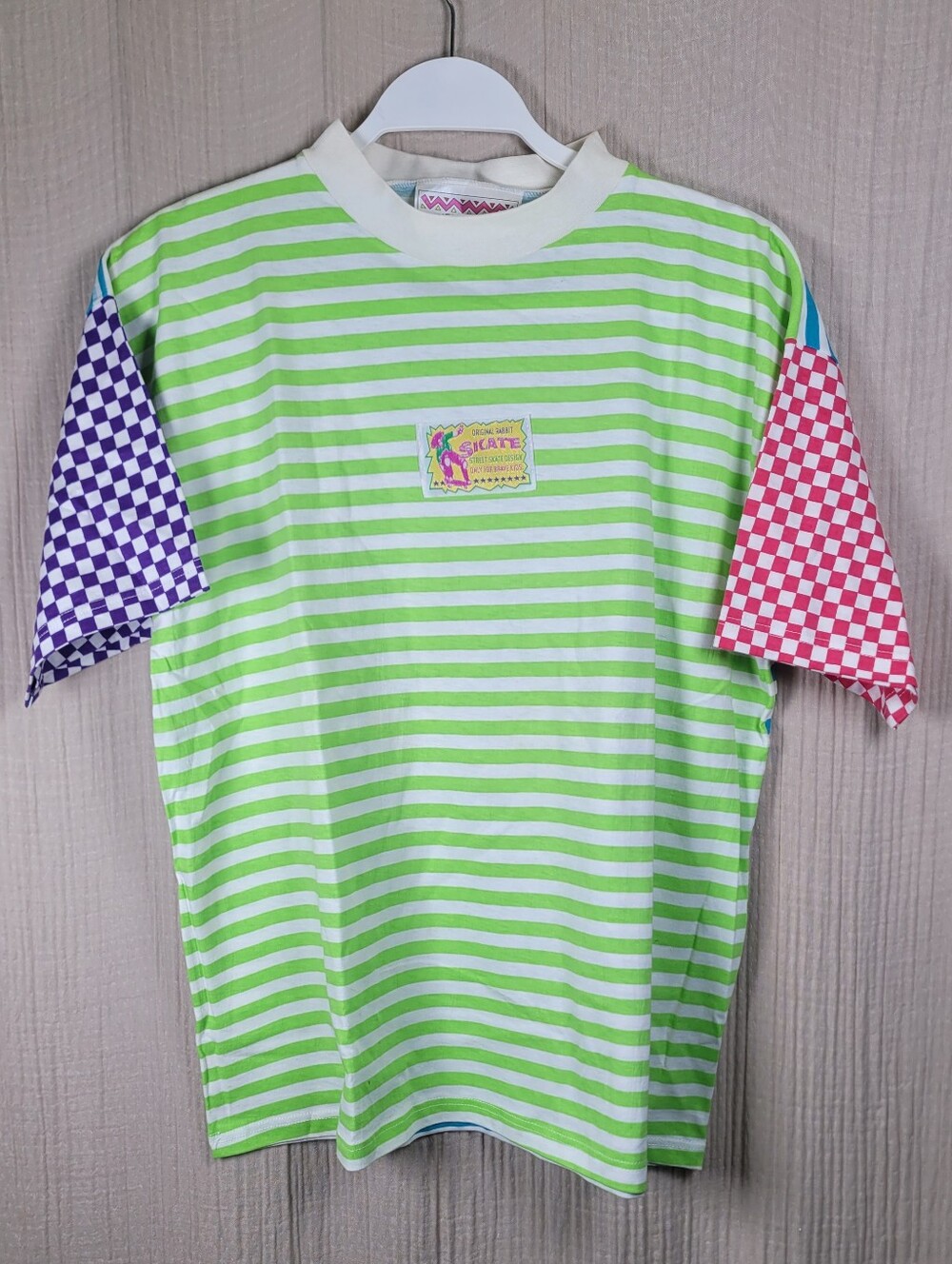 Vintage 80s 90s Colorblock Striped Skate T-Shirt Checkerboard Sleeves Small/M